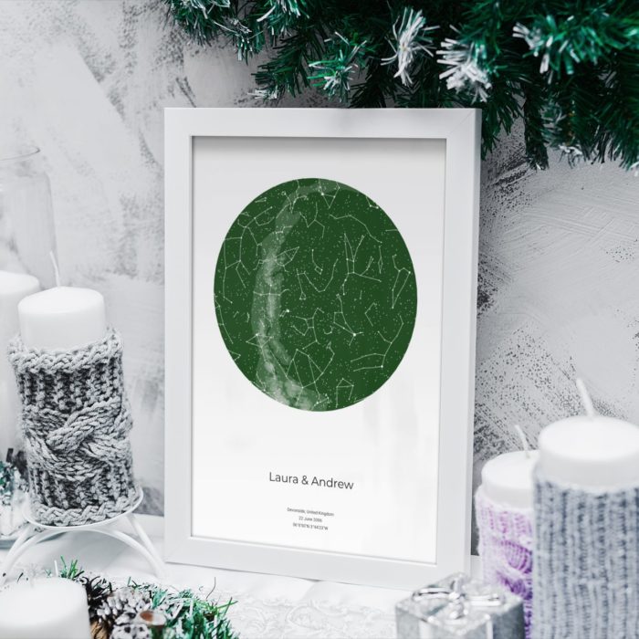 Matt green personalised star map with candles